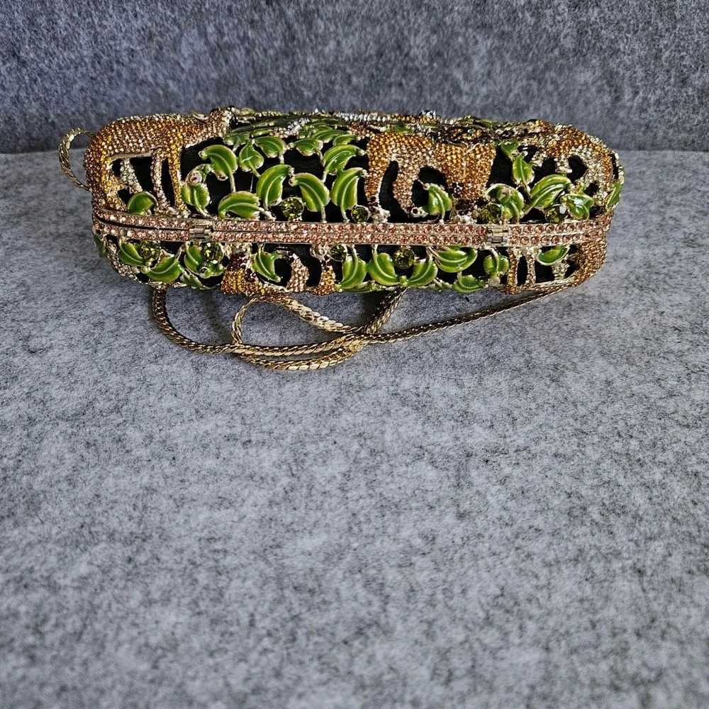 LUX MOB Crystal Enamel Jungle Safari Animal Evening Clutch Bag Lion Leopard Box